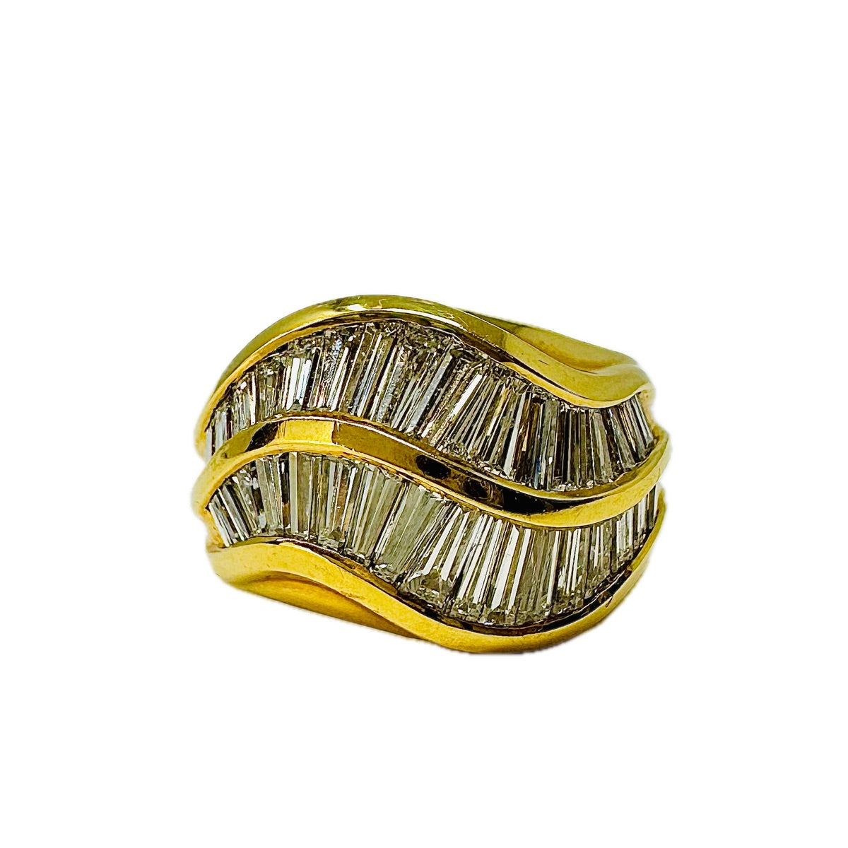 18K Gold Wavy Ring with 2 Rows of Baguette Diamonds - Elegant Stackable Jewelry for Women | Perfect for Weddings, Anniversaries & Everyday Luxury