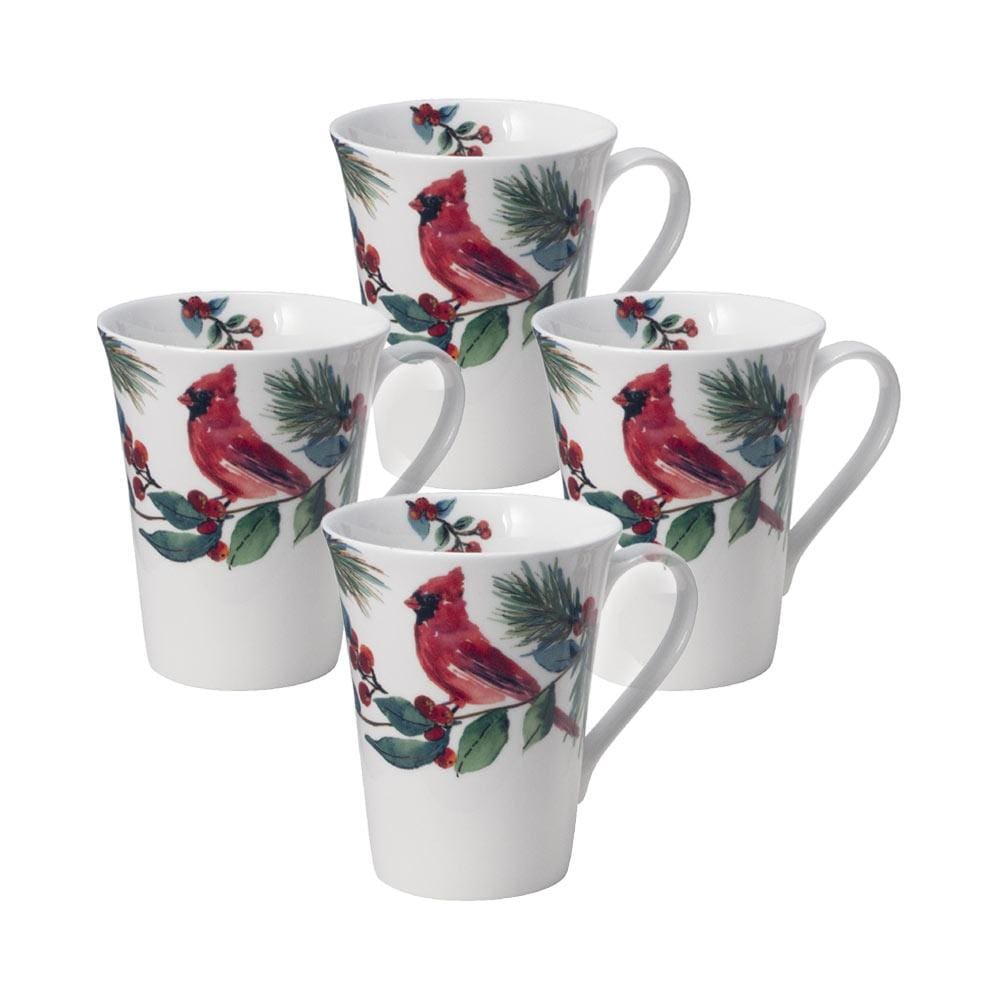 Winter Cardinal Set of 4 Coffee Mugs - Hand-Painted Ceramic Cups for Hot Cocoa, Tea & Coffee - Perfect for Holiday Gifts, Cozy Home Decor & Winter Morning Drinks