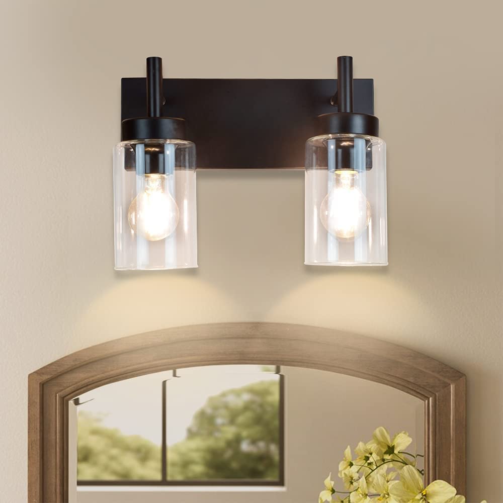 Rustic Vanity Wall Mount Lamp - 2 Light Metal Wall Sconce with Glass Shade for Bathroom, Bedroom & Hallway Lighting | Perfect for Makeup Mirror, Powder Room & Laundry Room Décor