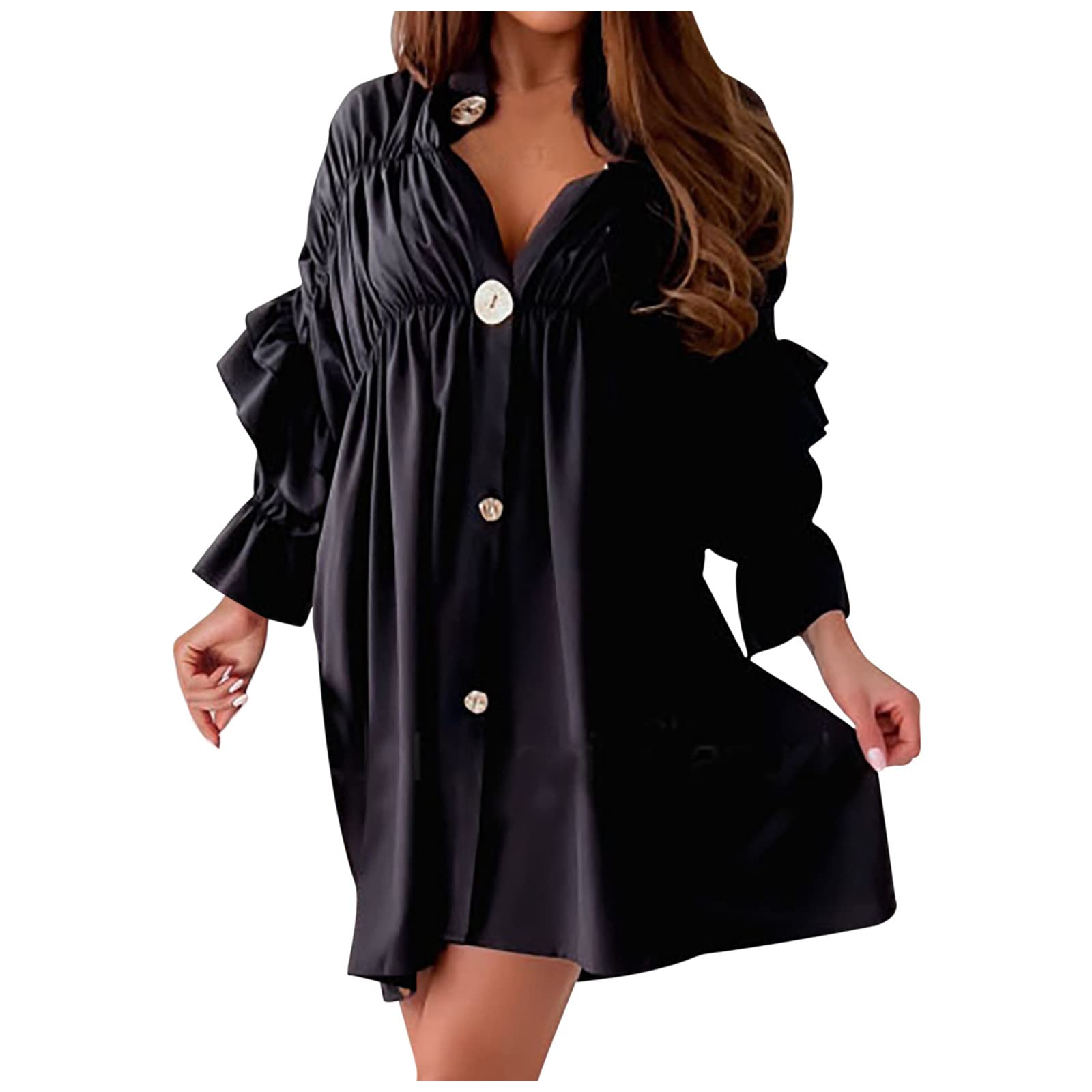 Ruffles Solid Mini Dress for Women - V-Neck Loose Long Sleeve Summer Party Dress | Elegant Midi Dress for Casual Outings, Date Nights & Special Occasions