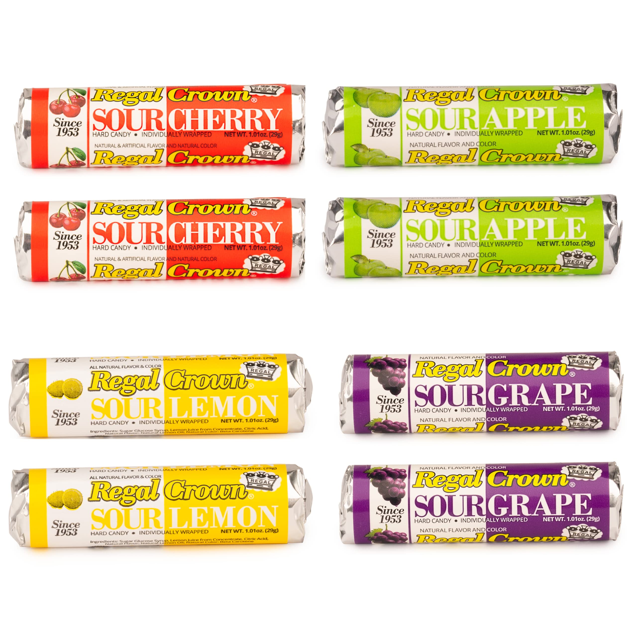 Regal Crown Sour Hard Candy Variety Pack - 8 Old Fashioned Candy Rolls (Sour Cherry, Lemon, Apple & Grape) | 1.01oz Pack | Tangy & Tart Traditional Candy | Perfect for Parties, Office Snacks & Movie Nights