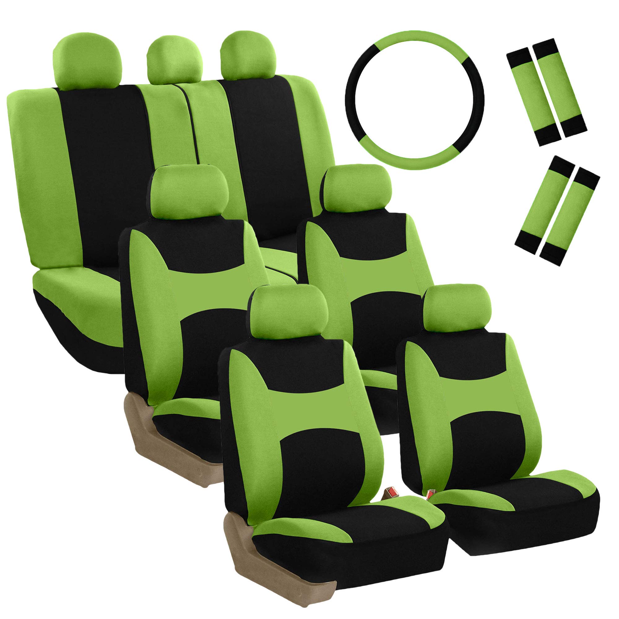FH Group Light & Breezy Cloth Car Seat Covers - 7 Seater 3-Row Universal Fit for Cars, Trucks & SUVs - Airbag & Split Bench Compatible - Green/Black - Perfect for Family Road Trips & Daily Commutes