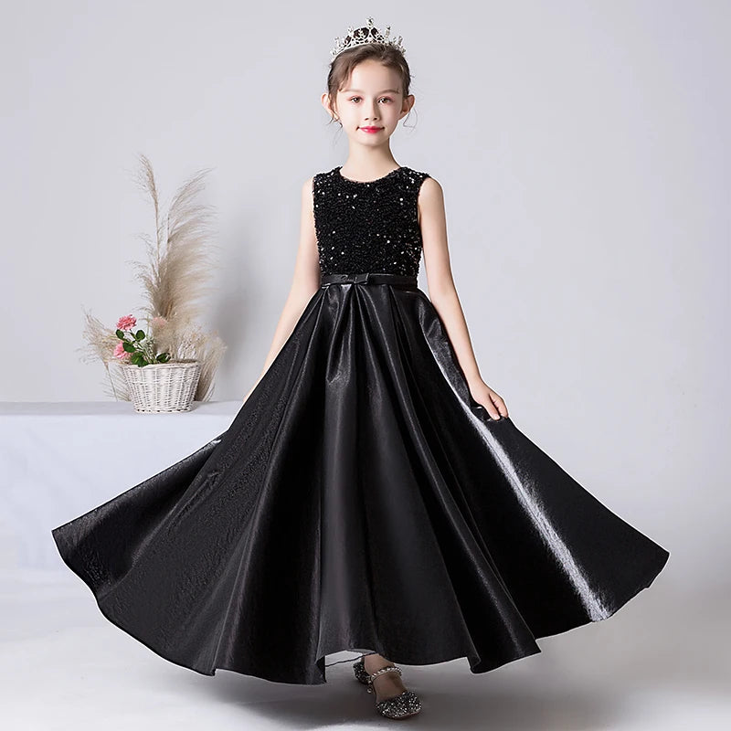 Elegant Satin Long Formal Dress for Girls - Black & Navy Blue Princess Gown for Birthday Parties, Prom, Pageants & Special Occasions