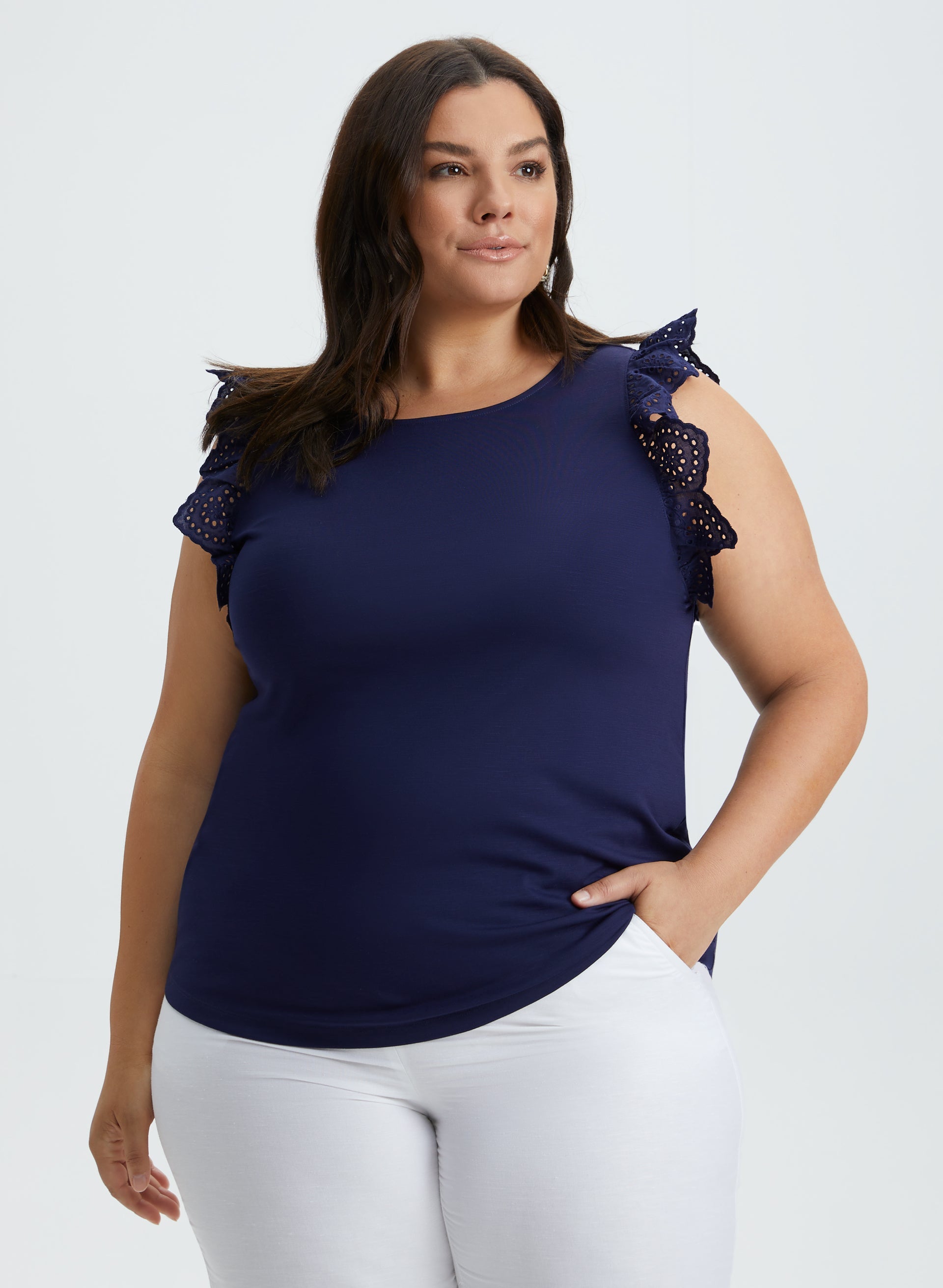 Eyelet Cap Sleeve T-Shirt for Women - Breathable Summer Top with Lace Detailing | Perfect for Casual Outings, Beach Wear & Layering