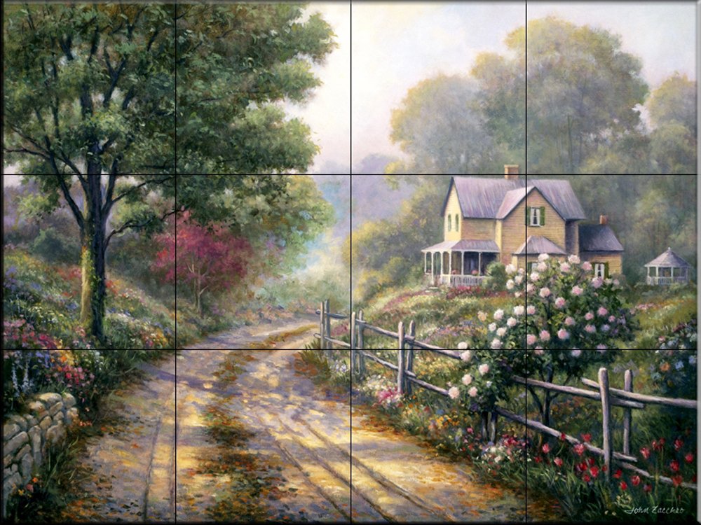 John Zaccheo Woodland Landscape Ceramic Backsplash Tile Mural - Lilac Morning Design for Kitchen, Bathroom & Living Room - Perfect for Rustic, Nature-Inspired Home Decor