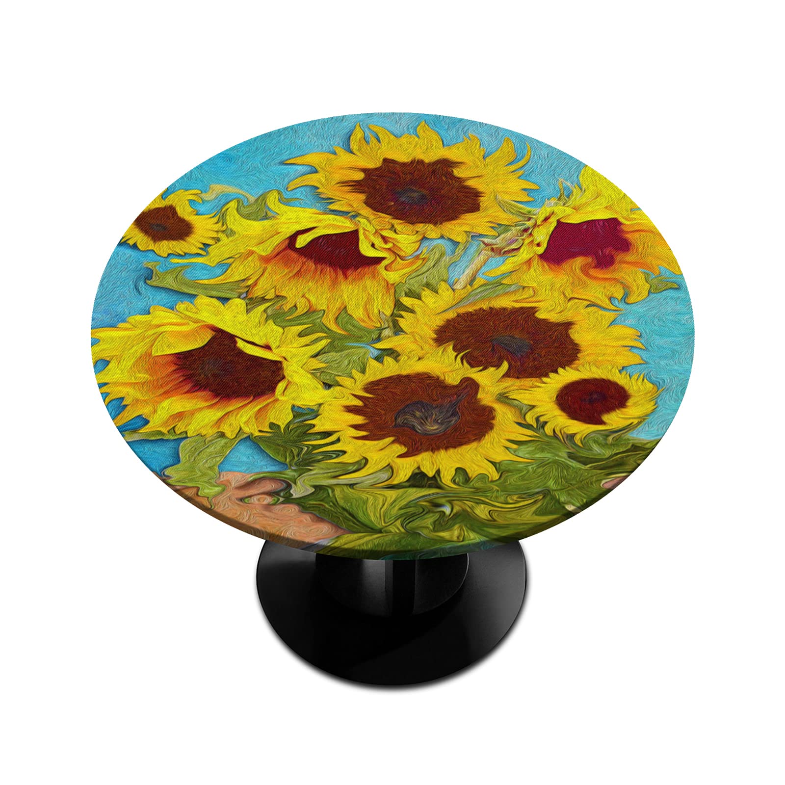 Van Gogh Sunflower Waterproof Elastic Edge Round Tablecloth - 48 Inch Fitted Table Cover for 36-42 Inch Tables, Wipeable & Durable for Outdoor Dining, Parties, and Home Decor