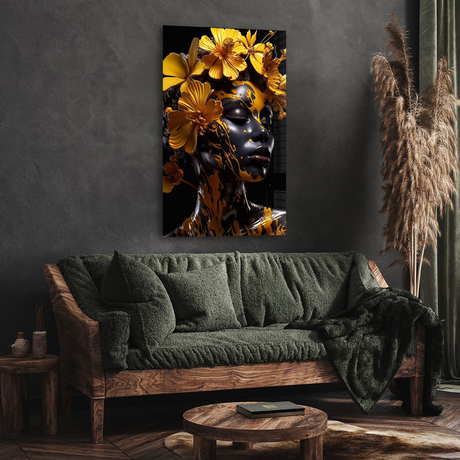 Yellow Floral Woman Tempered Glass Wall Art - Elegant Home Decor for Living Room, Bedroom & Office