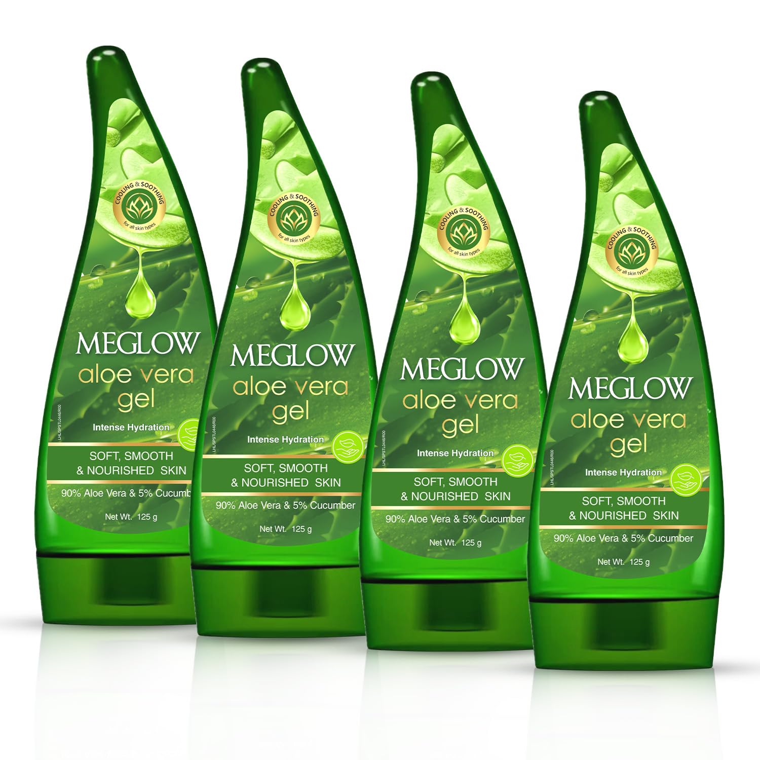 **Meglow Pure Aloe Vera Gel with Cucumber Extracts - Hydrating & Moisturizing Skin Care for Dry, Sensitive Skin - Pack of 4 (125g Each) - Perfect for Sunburn Relief, After-Sun Care & Daily Hydration**