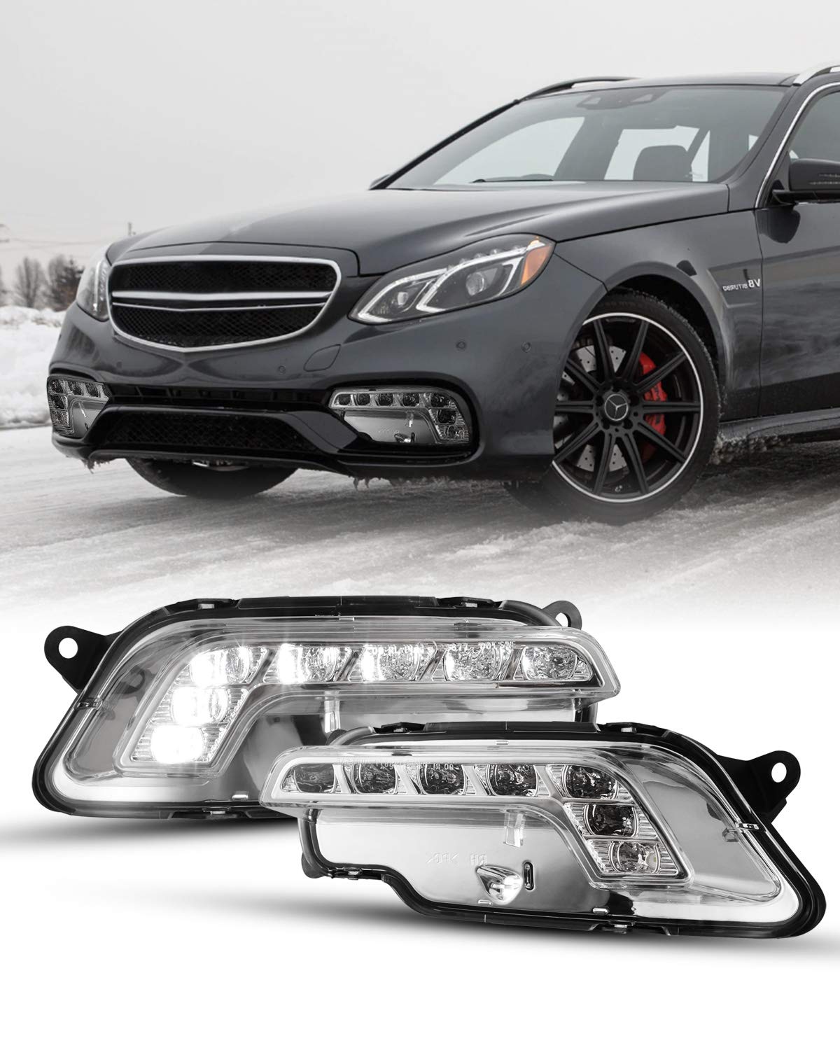 Mercedes-Benz E-Class Daytime Running Lights & Fog Lights Kit (2010-2016 E350/E550, 2010-2015 E63 AMG) - 2PC Clear Lens Replacement with OEM# 2128200856 2128200756 - Perfect for Enhanced Visibility & Style Upgrade