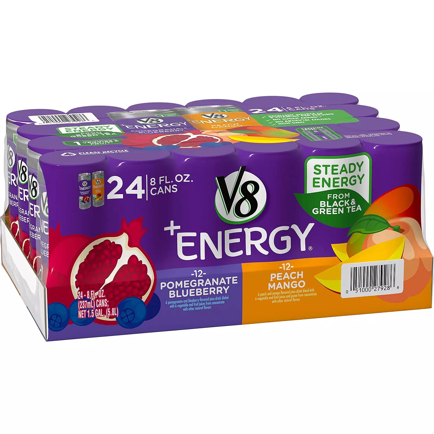 V8 +Energy Variety Pack - 3 Boxes (8oz, 24pk Each) | Pomegranate Blueberry & Peach Mango Flavored Energy Drinks | Natural Boost for Workouts, Office & Outdoor Activities | Supports Donate a Meal Program