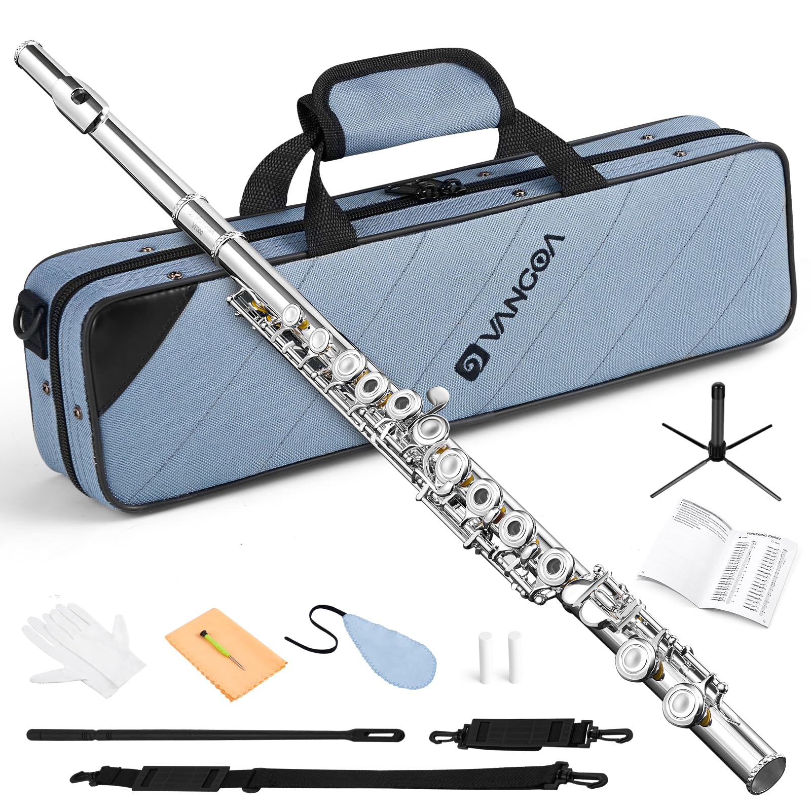 Vangoa 16-Key Silver Plated C Flute - Open/Closed Hole Student Flute for Beginners & Kids | Includes Hard Case, Cleaning Kit, Tuning Rod & Gloves | Perfect for School Band, Orchestra Practice & Music Lessons