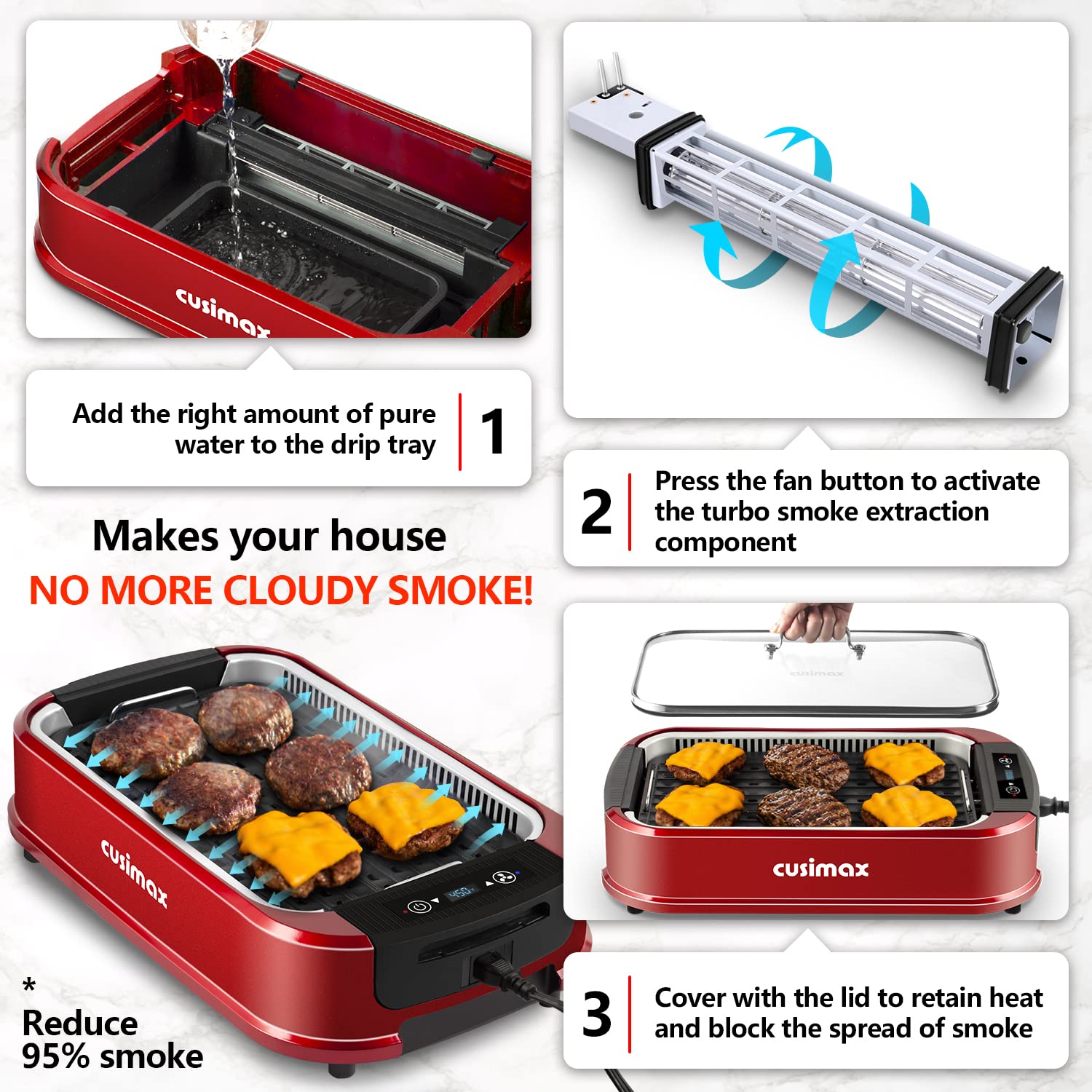 CUSIMAX 1500W Electric Smokeless Indoor Grill - Korean BBQ Griddle with LED Smart Display, Tempered Glass Lid & Non-Stick Removable Plates (Red) - Perfect for Home Cooking, Family Gatherings & Healthy Meals