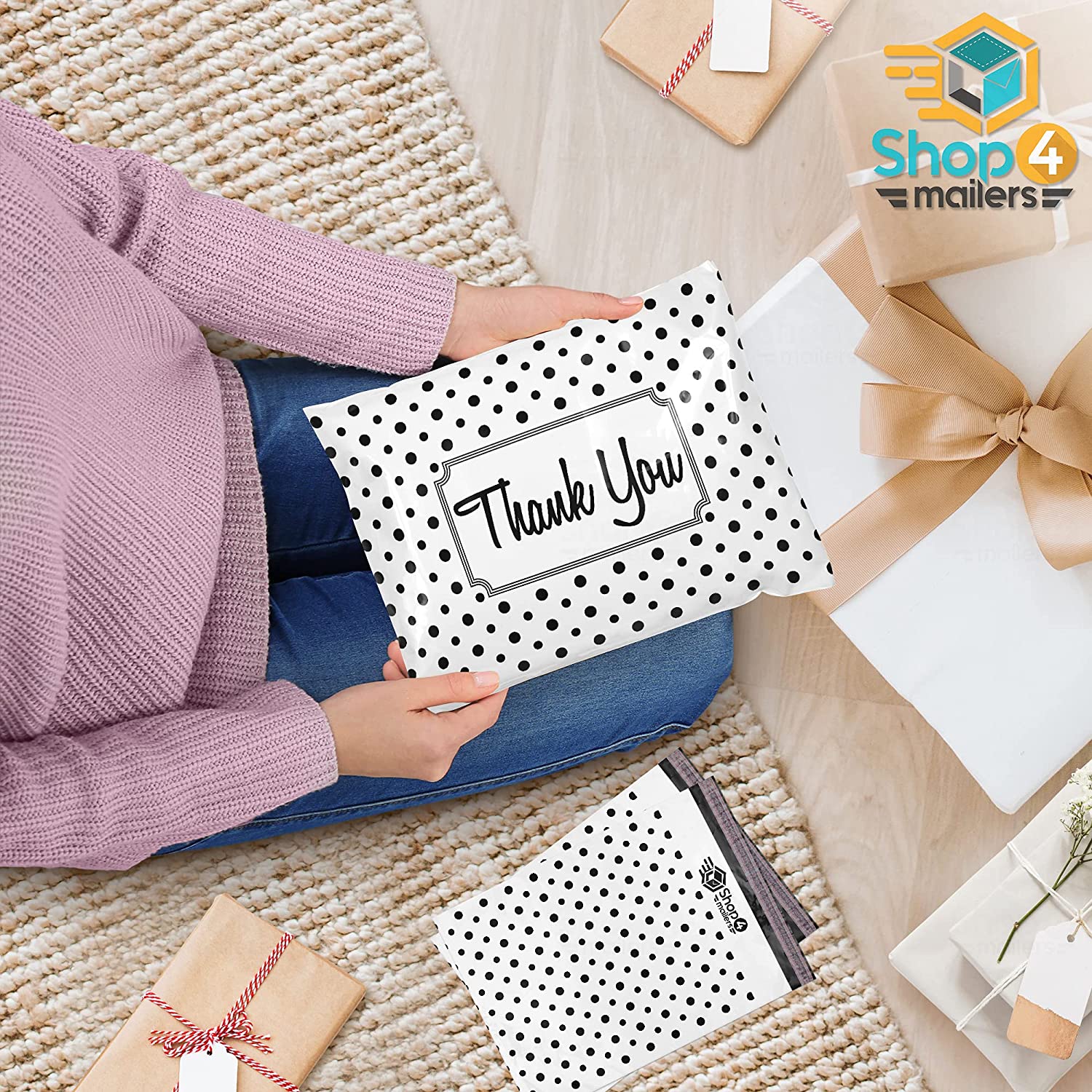 10 x 13 Inch Black & White Polka Dot Thank You Designer Poly Mailer Envelopes - 2 Mil Thick Plastic Shipping Bags for Ecommerce, Gifts & Wedding Favors | Shop4Mailers