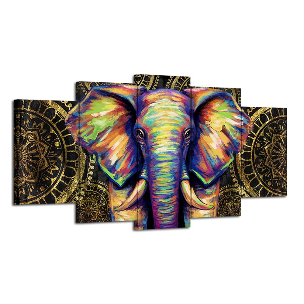 African Animal Canvas Wall Art - Elephant Mandala Painting Framed Print, Bohemian Boho Flower Decor for Living Room, Bedroom & Office (60x32 Inches)