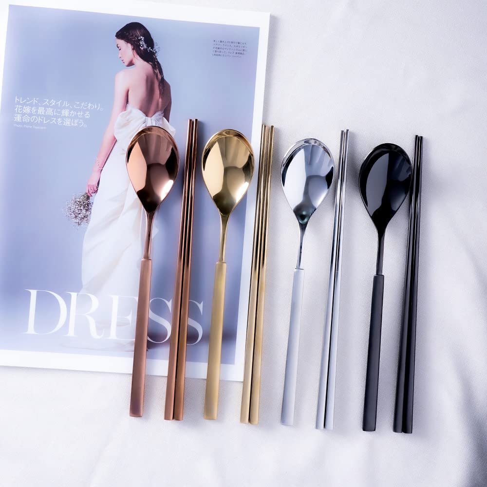 5-Piece Premium 18/10 Stainless Steel Spoon & Chopstick Set - Elegant Silverware for Dining Table, Kitchen, Party & Gifts - Korean-Made Durable Flatware for Asian Cuisine, Sushi & Home Entertaining