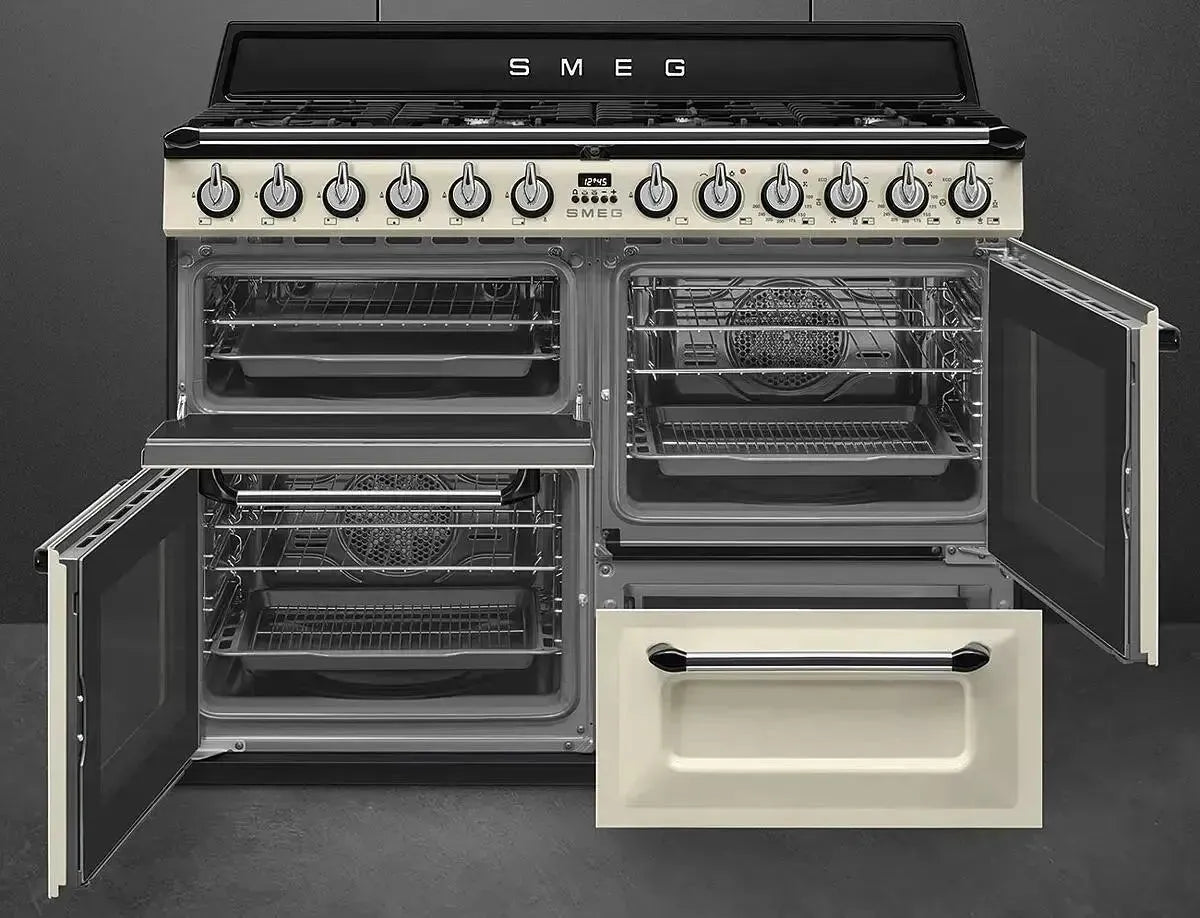 Smeg Victoria 110cm Dual Fuel Freestanding Range Cooker in Cream - TRA4110P | Professional Gas & Electric Oven with 5 Burners | Perfect for Modern Kitchens & Home Chefs