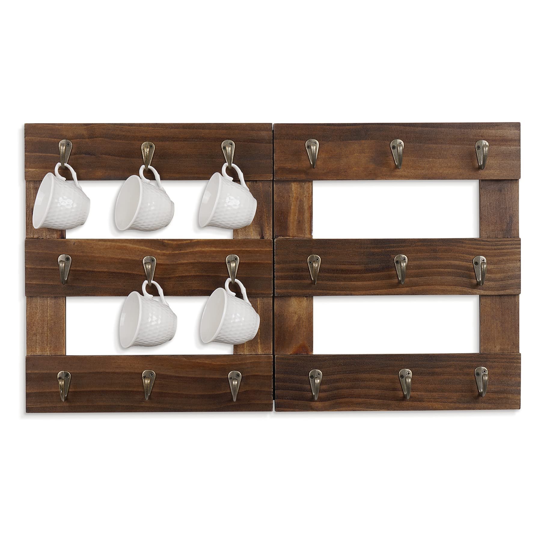 Foldable Wall Mounted Wood Coffee Mug Holder Stand with 18 Hooks - Dark Brown Cup Rack Organizer for Coffee Station, Kitchen Storage & Home Decor - Perfect for Small Spaces, Dorm Rooms & Office Organization