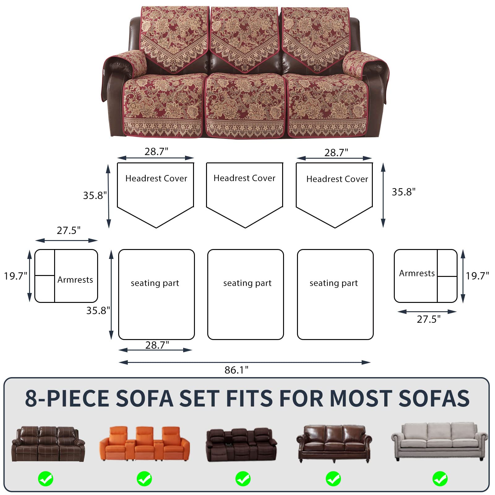 Waterproof Recliner Sofa Covers Non-Slip 3-Seater Jacquard Furniture Protector - Washable Split Design for Living Room, Home Theater & Family Room (Red)