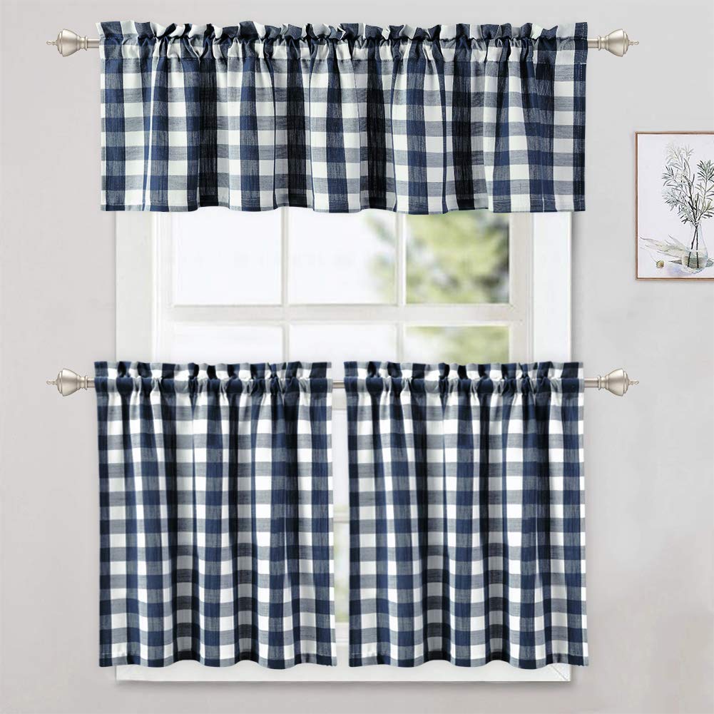 CAROMIO Navy Blue Buffalo Check Gingham Valance Curtains - 52x15 Inch Thick Yarn-Dyed Window Valances for Kitchen, Bathroom & Cafe - Rustic Farmhouse Style Home Decor for Cozy Windows
