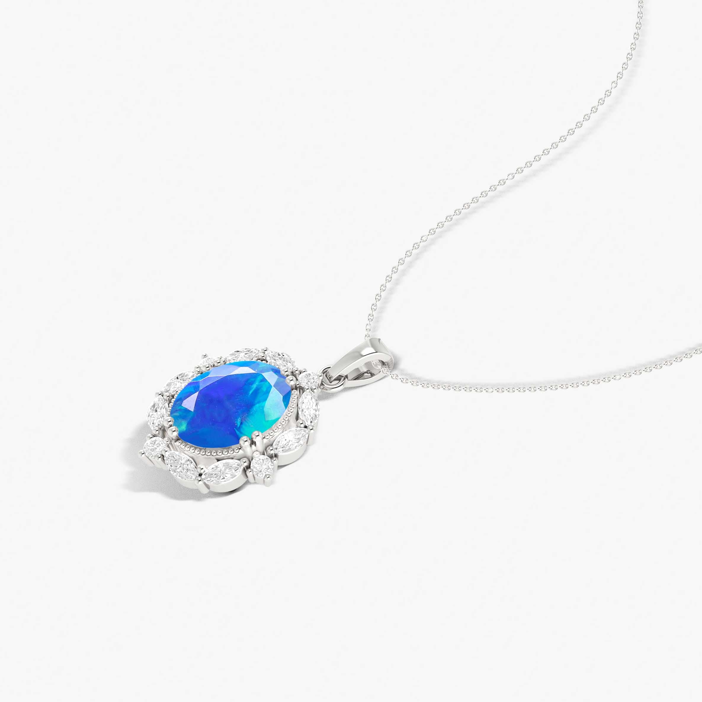 Natural Blue Opal Gemstone Halo Pendant Chain Necklace for Women - Elegant Jewelry Gift for Birthday, Anniversary & Special Occasions