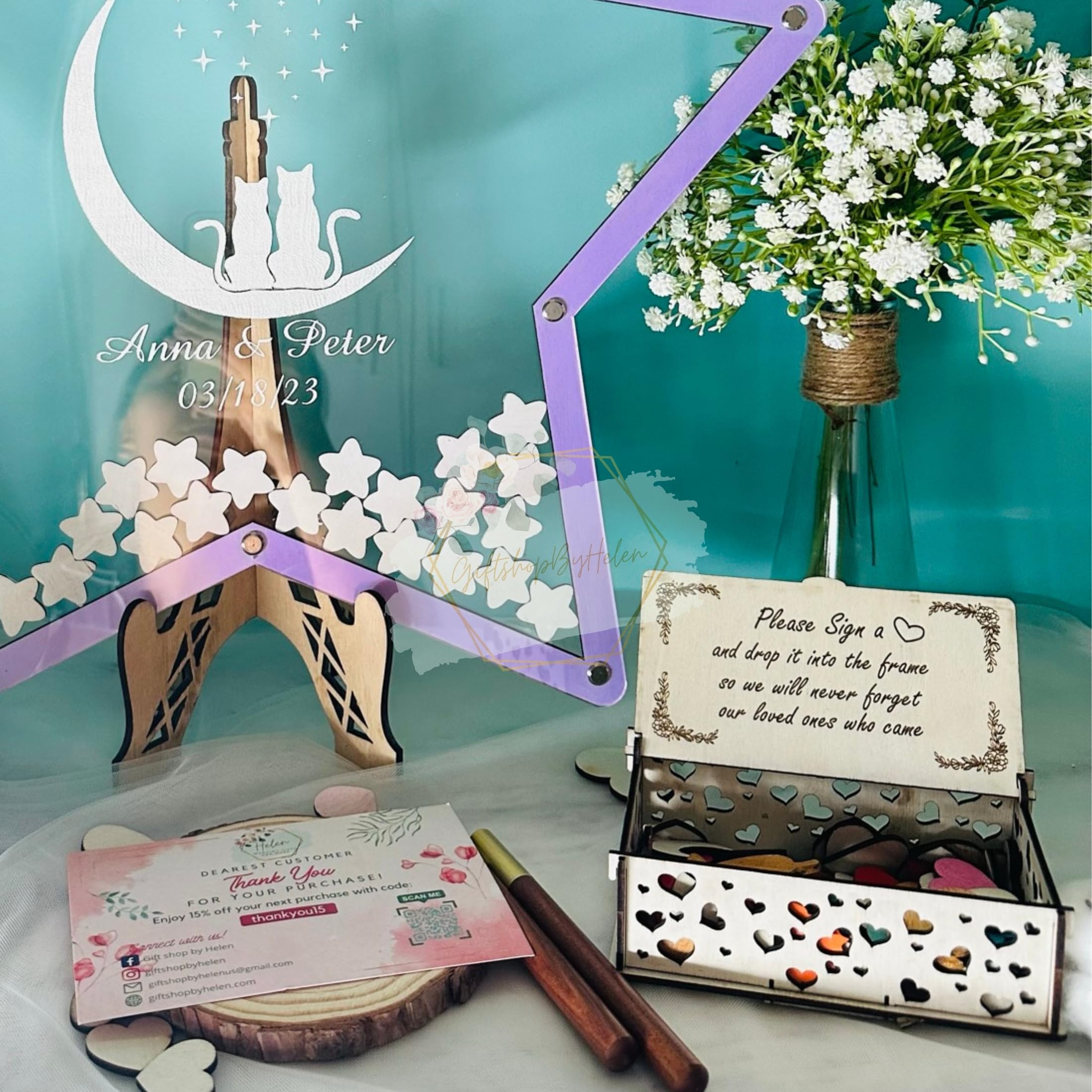 Custom Star-Shaped Wooden Quinceañera Guest Book Alternative Frame - Transparent Keepsake for Sweet 15, Weddings, Birthdays & Baby Showers | Unique Party Decor & Memorable Gift Idea