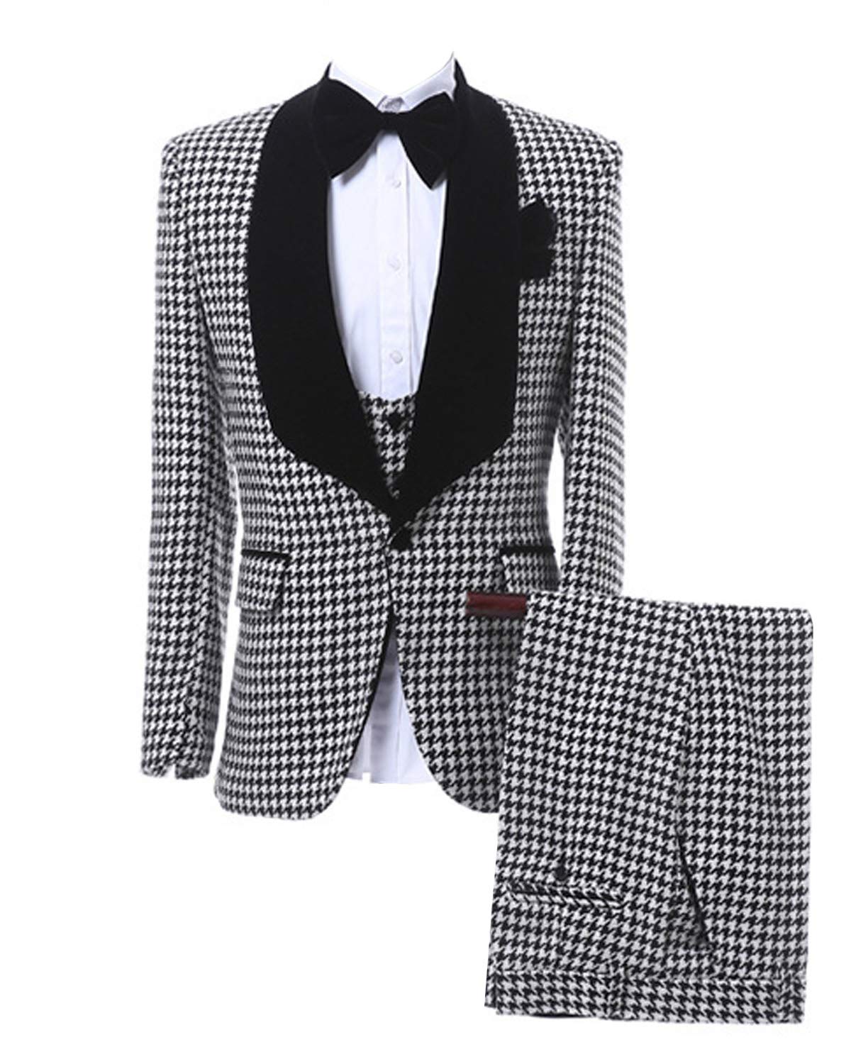 Classic Men's 3-Piece Plaid Wedding Suit Set - Houndstooth Blazer, Vest & Pants for Formal Occasions, Groomsmen Attire and Special Events