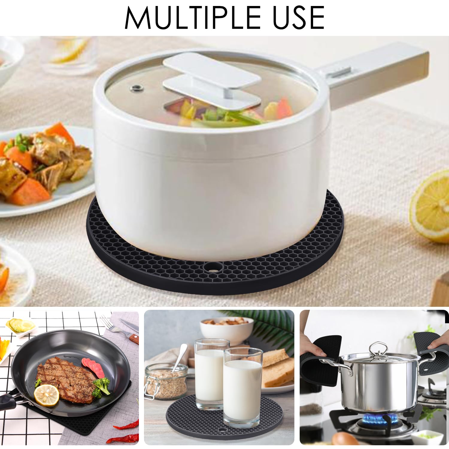 **4-Pack Silicone Trivet Mats - Heat Resistant Pot Holders for Hot Pans & Pots - Countertop Protectors for Tables, Kitchen Countertops, Spoon Rests & Large Coasters (2 Square + 2 Round Mats, Black & Gray) - Perfect for Cooking, Baking & Serving**