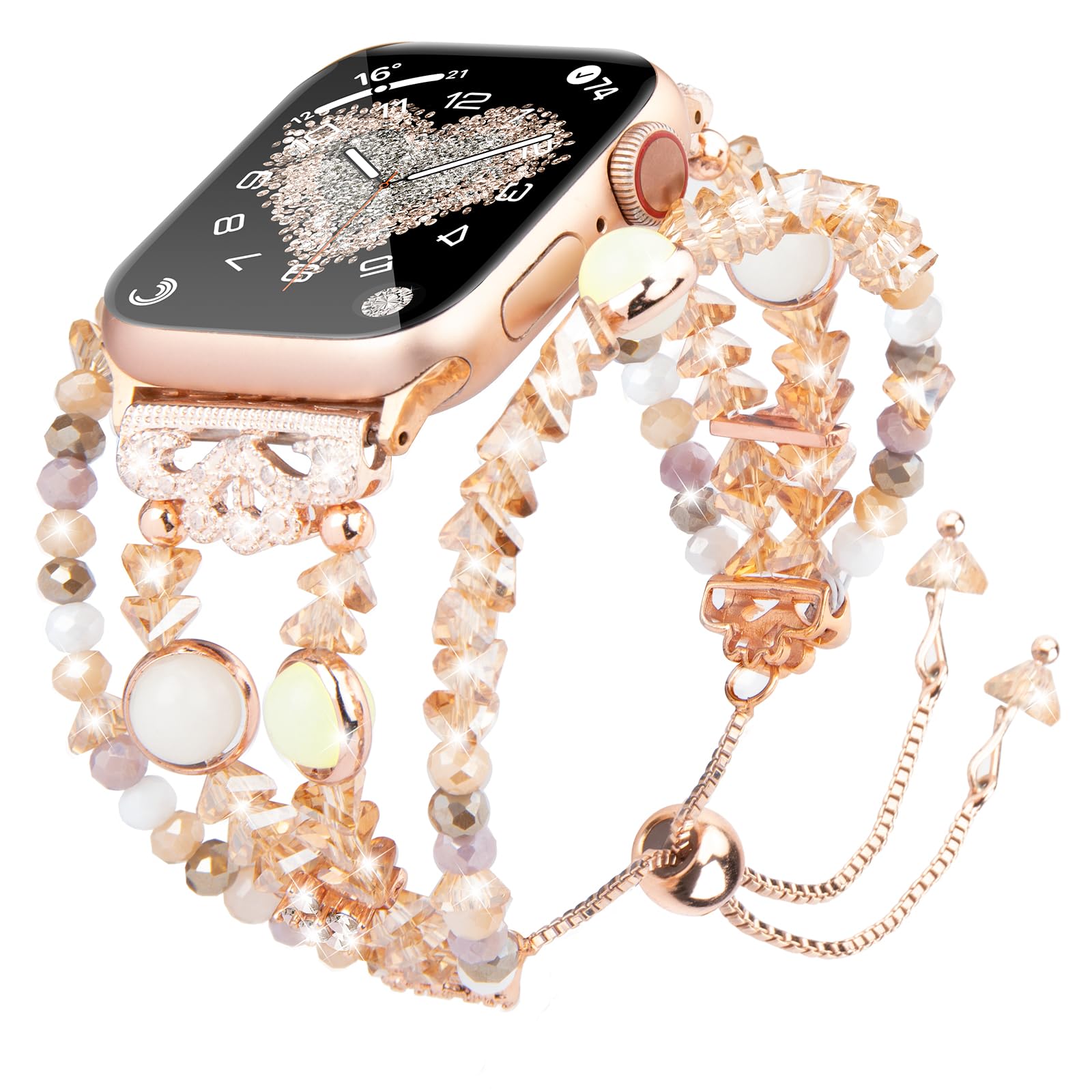 TOMAZON Bling Crystal Bracelet for Apple Watch 38mm 40mm 41mm 42mm 44mm 45mm - Compatible with iWatch Series 3/4/5/6/7/8/SE - Fancy Multilayer Glitter Jewelry Band with Night Luminous Pearls for Women | Perfect for Parties, Weddings and Special Occasions