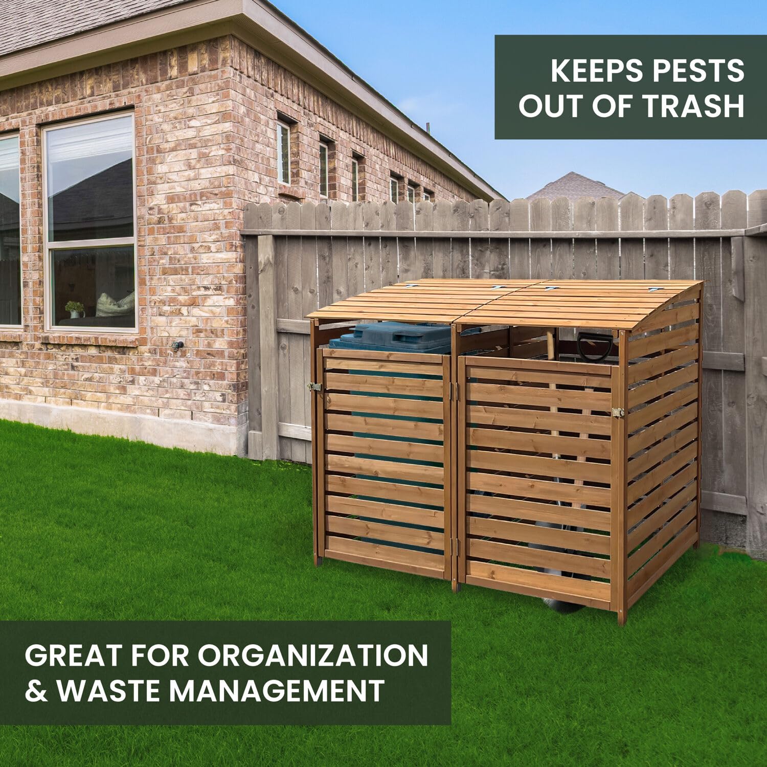 Hanover Outdoor 4.9-ft x 4-ft Weatherproof Wooden Trash Bin & Recycling Storage Shed with Locking Latch - Brown - Perfect for Yard, Carport, Driveway, Garage & Backyard Organization