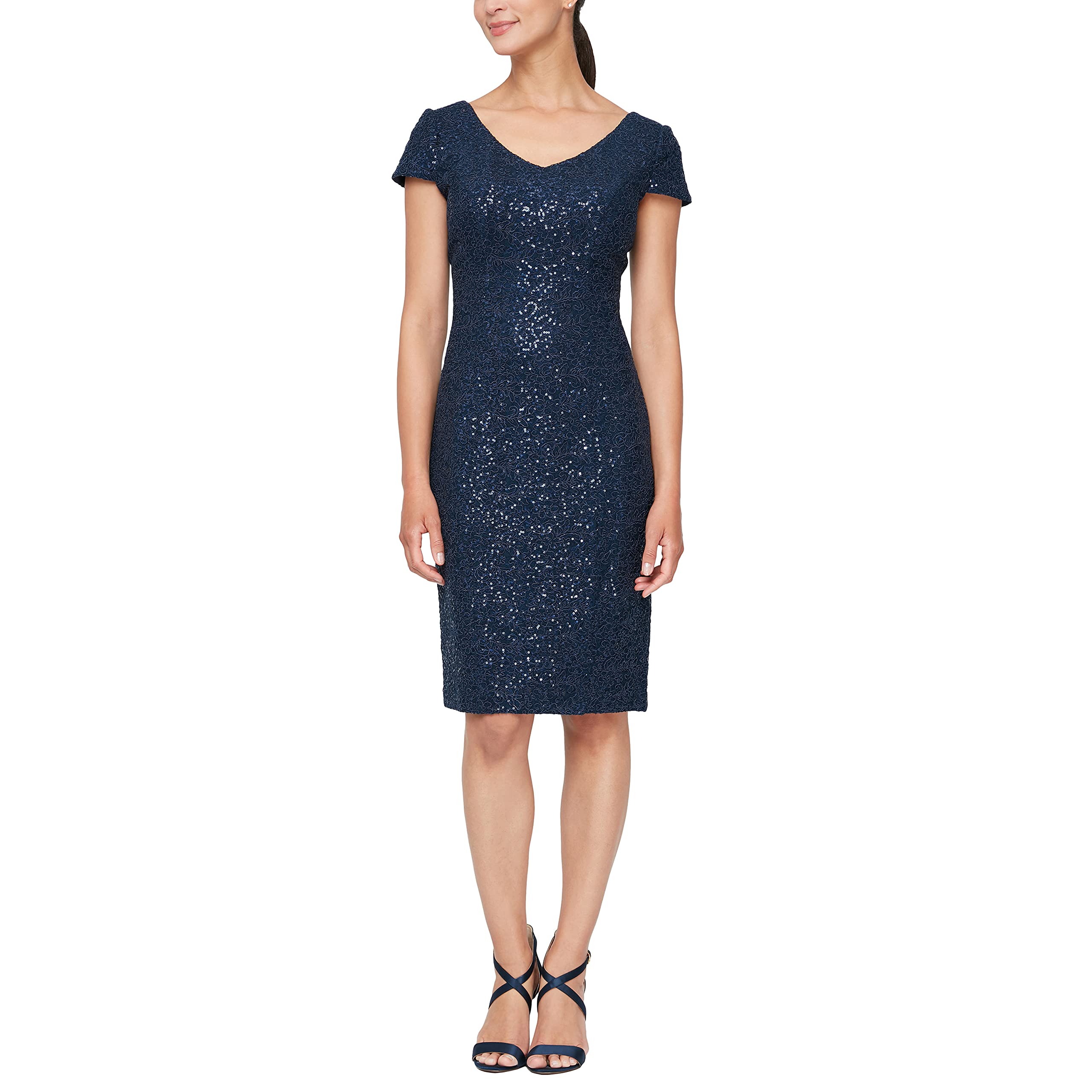 Alex Evenings Women's Knee Length V-Neck Cocktail Dress - Elegant Mother of The Bride Dress for Weddings & Special Occasions (Petite & Regular Sizes) | Perfect for Formal Events, Evening Parties & Bridal Celebrations