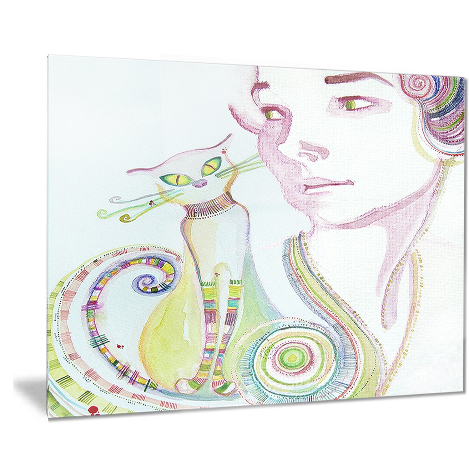 Cute Girl with Cat Portrait Painting - Metal Wall Art Decor for Living Room, Bedroom, Office - 40x30 Inches - MT7593 - Modern Home & Office Wall Decor