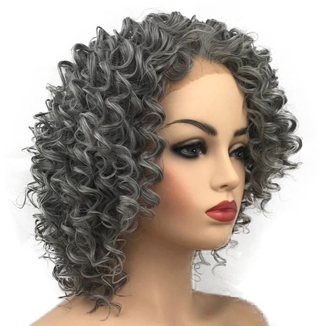 Wiginway Short Grey-White Curly Lace Front Wig - Heat Resistant Synthetic Hair for Daily Wear & Cosplay - Perfect for Parties, Halloween & Costume Events