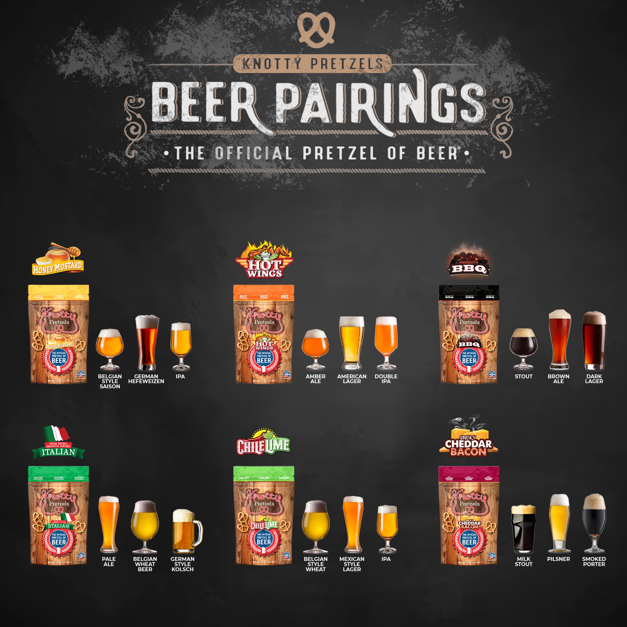 Knotty Pretzels - The Official Pretzel of Beer | 7.5oz Resealable Snack Bags | Variety Pack (6 Pack) | Perfect for Parties, Game Nights & Beer Pairings