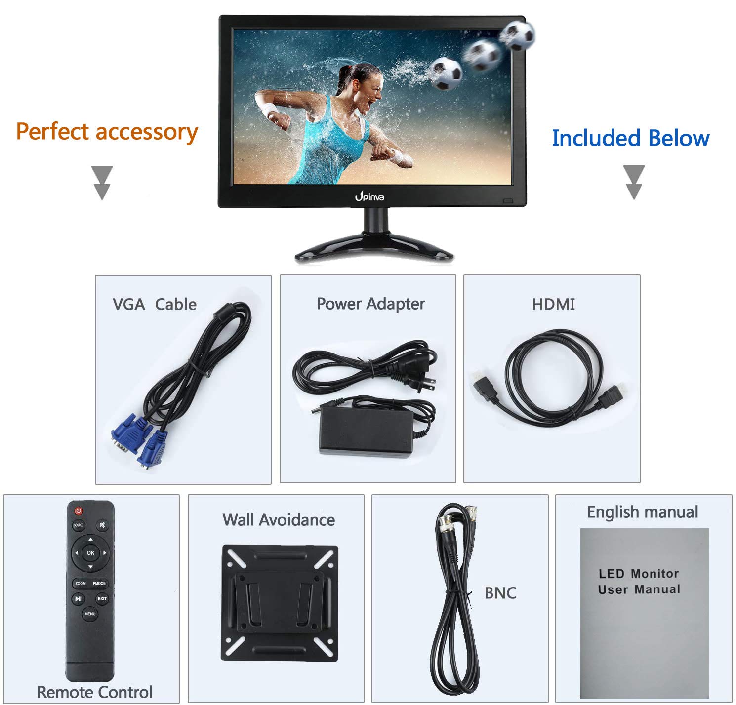 Upinva 11.6 Inch CCTV Security Monitor - Full HD 1920x1080 Resolution, HDMI/AV/BNC/VGA/USB Inputs for Surveillance Cameras & Computer Display - Ideal for Home Security Systems & Business Monitoring
