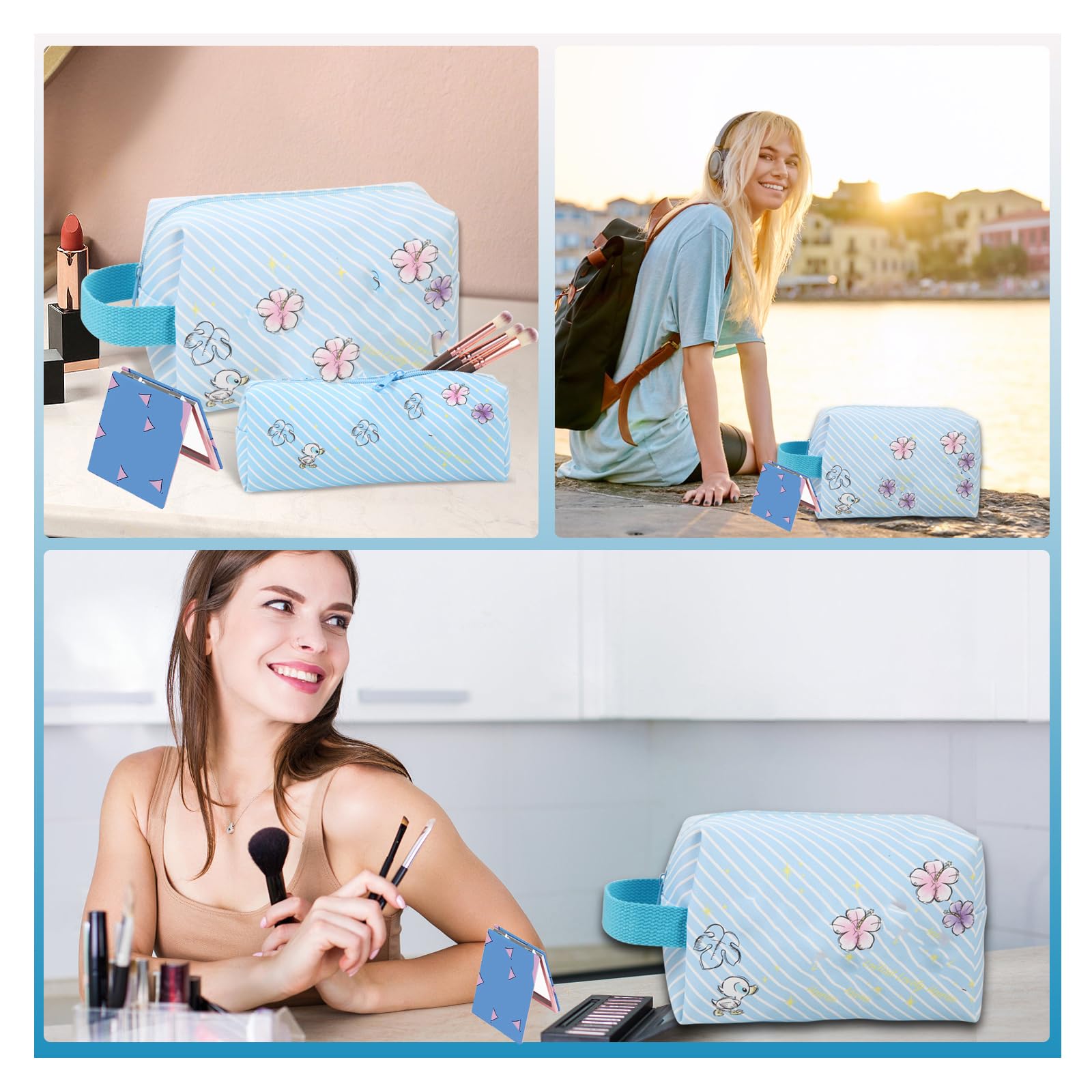 Premium Travel Cosmetic Bag with Double-Sided Mirror & Makeup Brush Pouch - Large Capacity PU Leather Toiletry Organizer for Women | Perfect Gift for Her, Girls, Teens | Ideal for Travel, Gym, Vacation & Daily Makeup Storage (Blue)