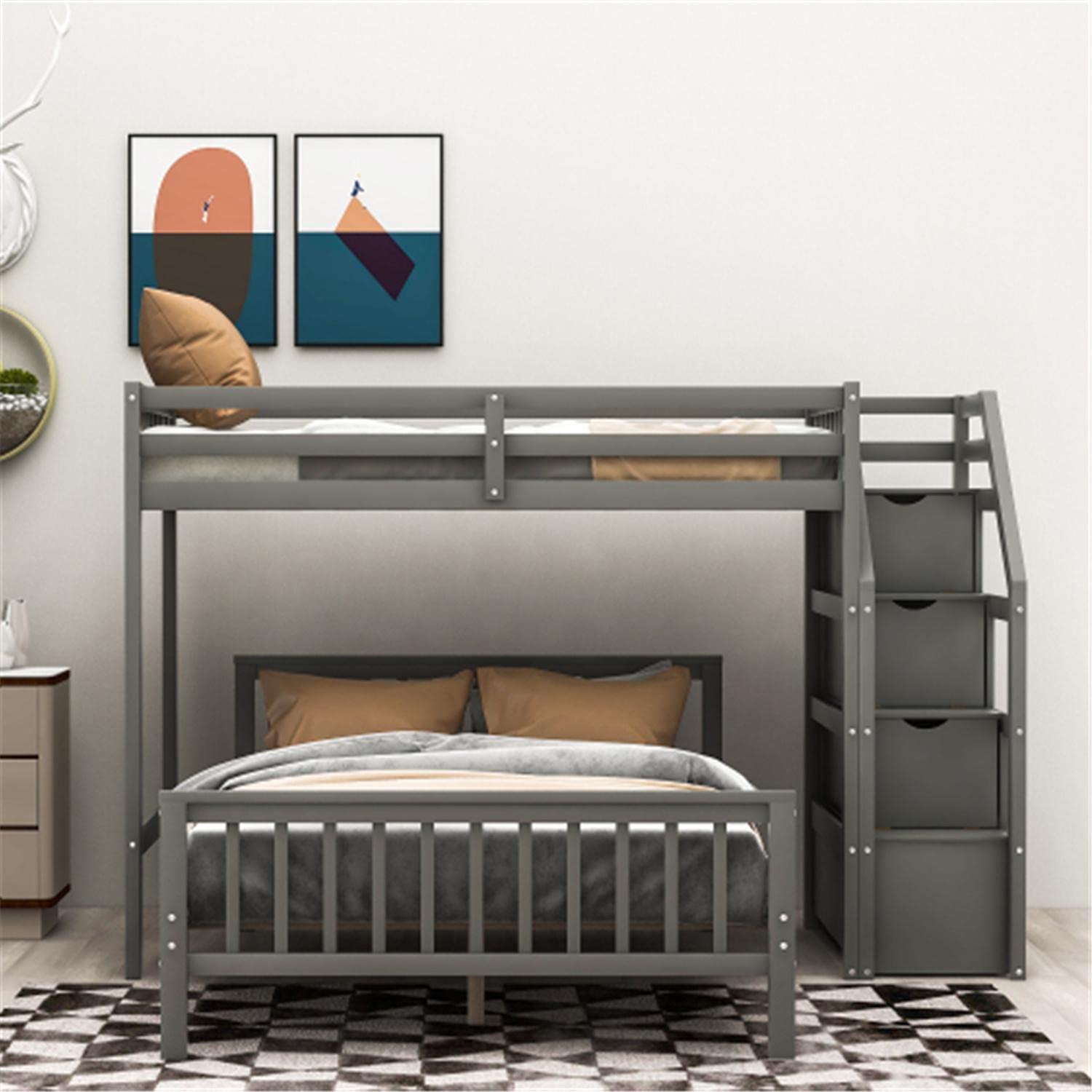 Twin Over Full Loft Bed Frame with Storage - Sturdy Wooden Bunk Bed with Full-Length Guardrail & Ladder - Space Saving Design for Small Rooms - Perfect for Kids, Teens & College Dorms - Gray