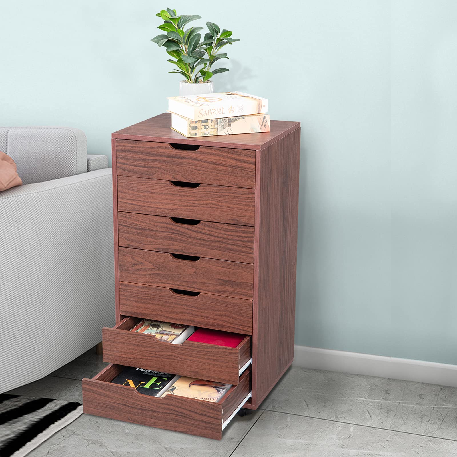 Ochine 5-Drawer Mobile Lateral File Cabinet with Wheels - Wooden Office Storage Cabinet for Home & Office Organization - Perfect for Document Storage, File Management, and Workspace Organization (Ships from USA)