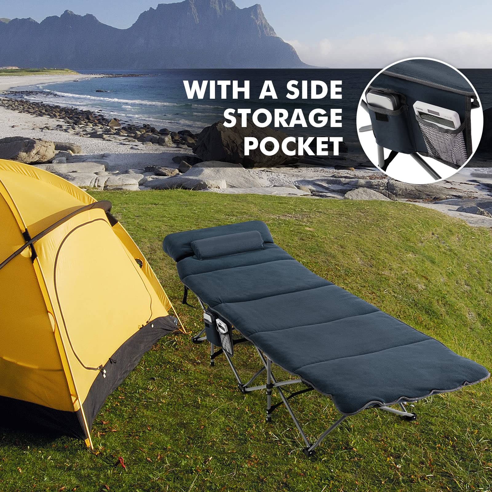**Tangkula Heavy Duty Camping Cot for Adults - Portable Folding Sleeping Cot with Removable Mattress, Pillow & Side Pocket - Indoor Outdoor Cot Bed with Carry Bag - Perfect for Travel, Camping, Office & Home Use (Blue)**