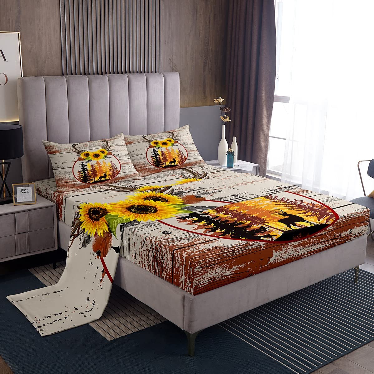 Antlers Sheet Set Full Size - 4pcs Yellow Sunflower Bedding with Deep Pocket (Fitted Sheet, Flat Sheet, 2 Pillowcases) | Watercolor Pines & Deer Print | Kids Room Decor for Boys & Girls | Perfect for Nursery, Bedroom & Gift