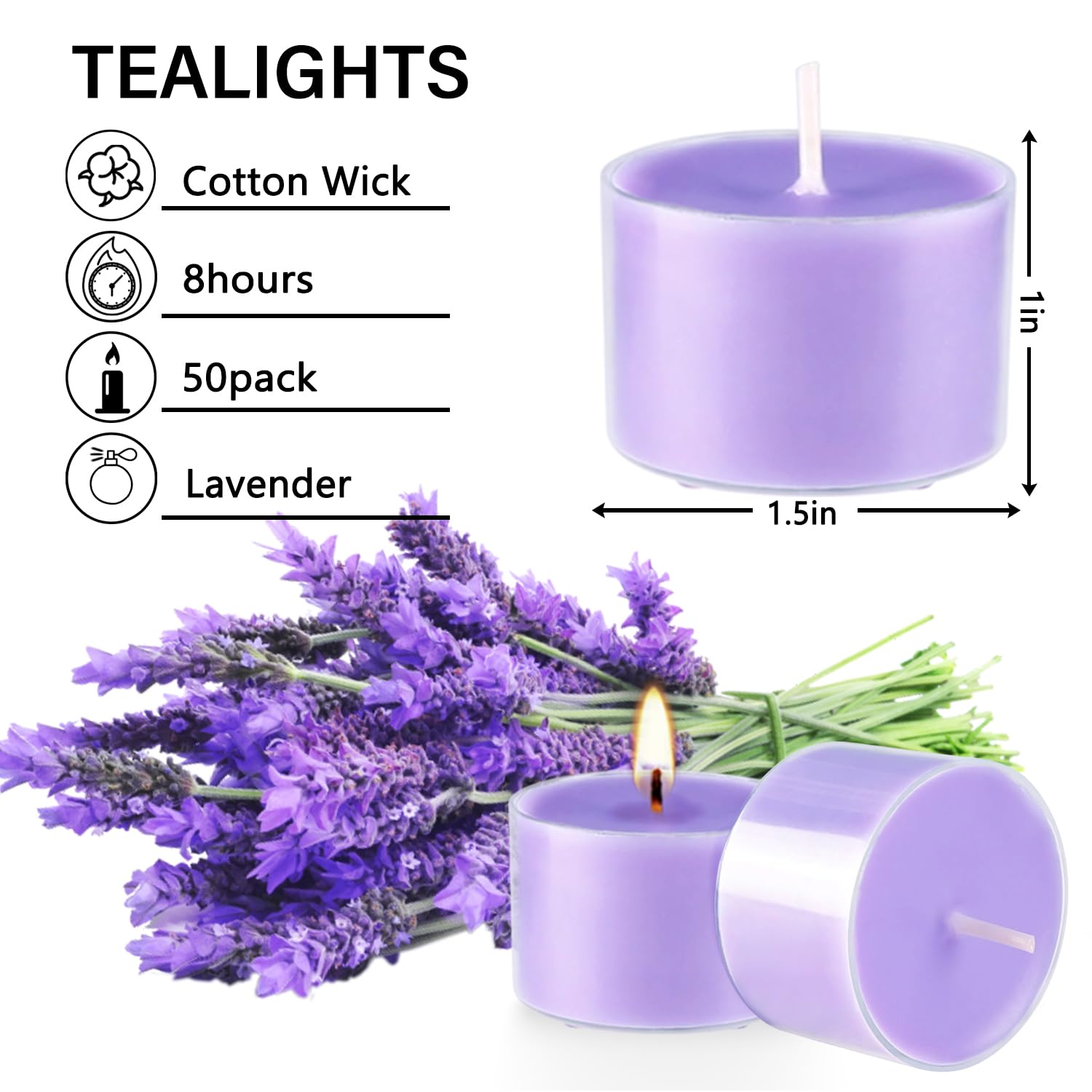 50 Pack Bulk Lavender Scented Tealight Candles - Purple Wax Votive Candles in Clear Cups, 8 Hour Burn Time for Relaxation, Weddings, Birthday Parties, Home Decor & Aromatherapy