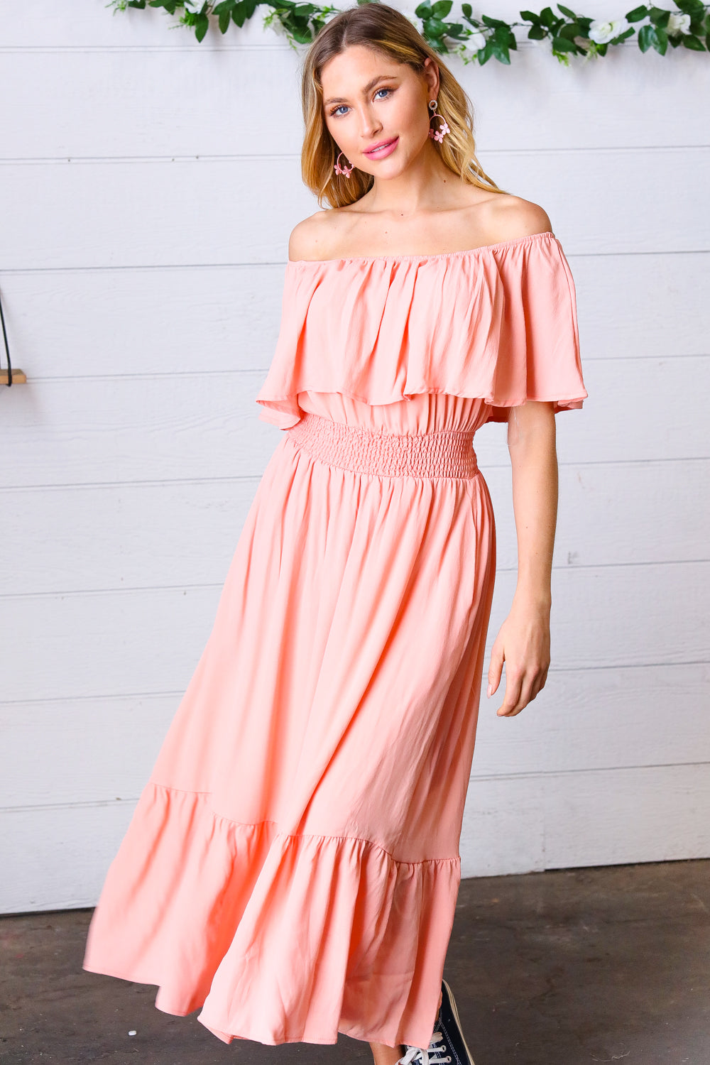 Coral Off-Shoulder Smocked Waist Ruffle Sleeve Midi Dress for Women - Summer Beach Party, Wedding Guest, Date Night Outfit