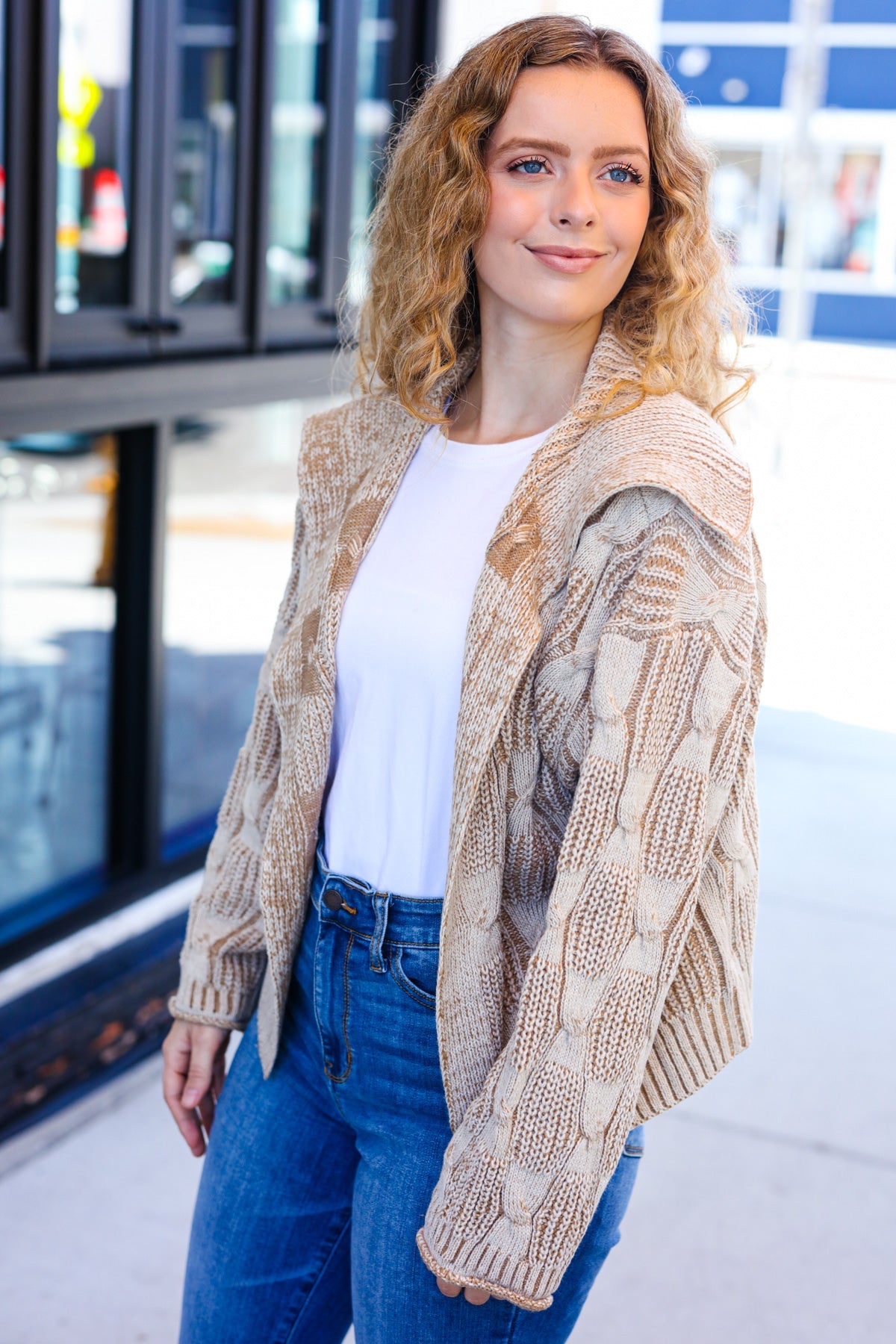 Cozy Taupe Textured Cable Knit Collared Cardigan for Women | Autumn Fall Sweater | Perfect for Layering, Office Wear & Casual Outfits