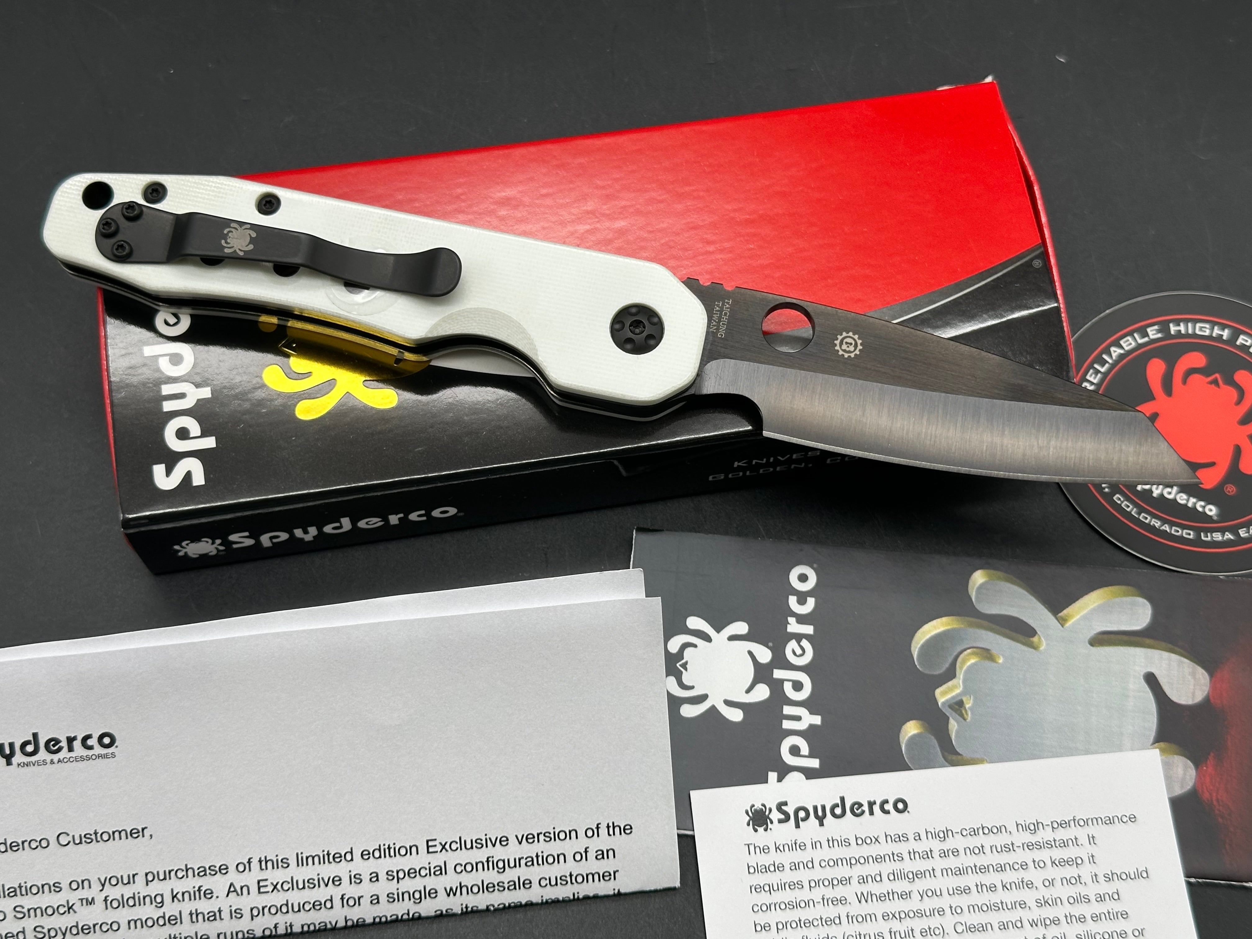 Spyderco Smock Folding Knife - Smooth White G10 Handle, Black Rex 45 Blade - GP Knives Exclusive | EDC, Outdoor, Camping, Survival Gear