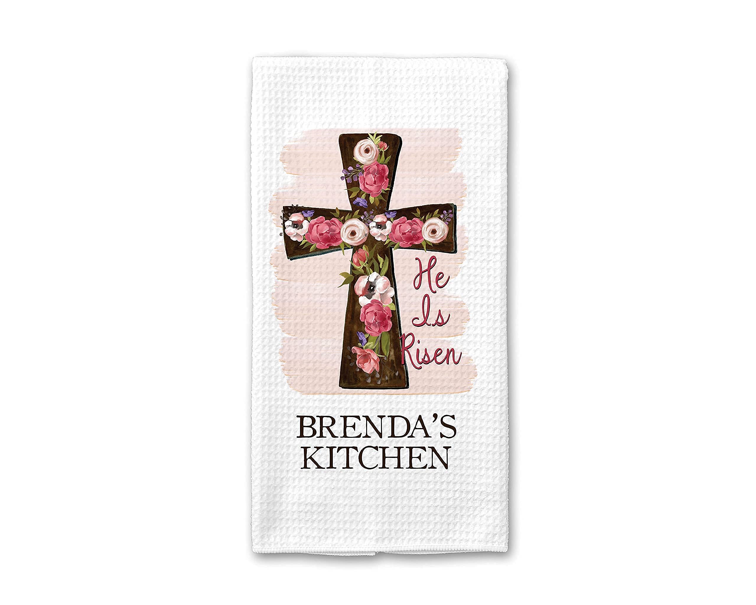 Personalized He Is Risen Kitchen Towel - Custom Waffle Weave Dish Towel for Easter & Spring Decor - Religious Holiday Kitchen Accessory for Home & Gifting