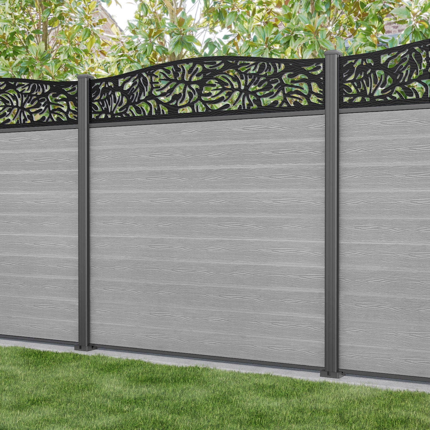 Classic Botanic Curved Top Fence Panel - Light Grey Aluminum Garden Fence with Durable Posts for Outdoor Privacy & Decoration | Perfect for Backyard, Patio, and Landscape Design