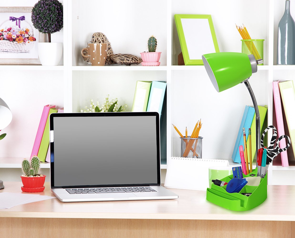 Simple Designs LD1056-GRN Adjustable Gooseneck Desk Lamp with iPad/Tablet Stand, Book Holder & USB Charging Port - Green Study Light for Reading, Working & Home Office Use
