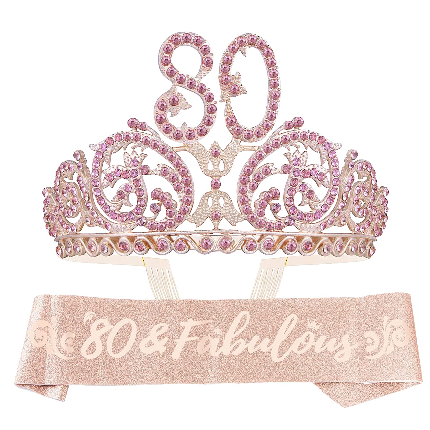80th Birthday Sash and Tiara Set for Women - Sparkling Glitter Sash & Gold Rhinestone Crown | Elegant 80th Birthday Gift for Mom, Grandma | Perfect for Milestone Celebrations, Parties & Queen of the Day Moments