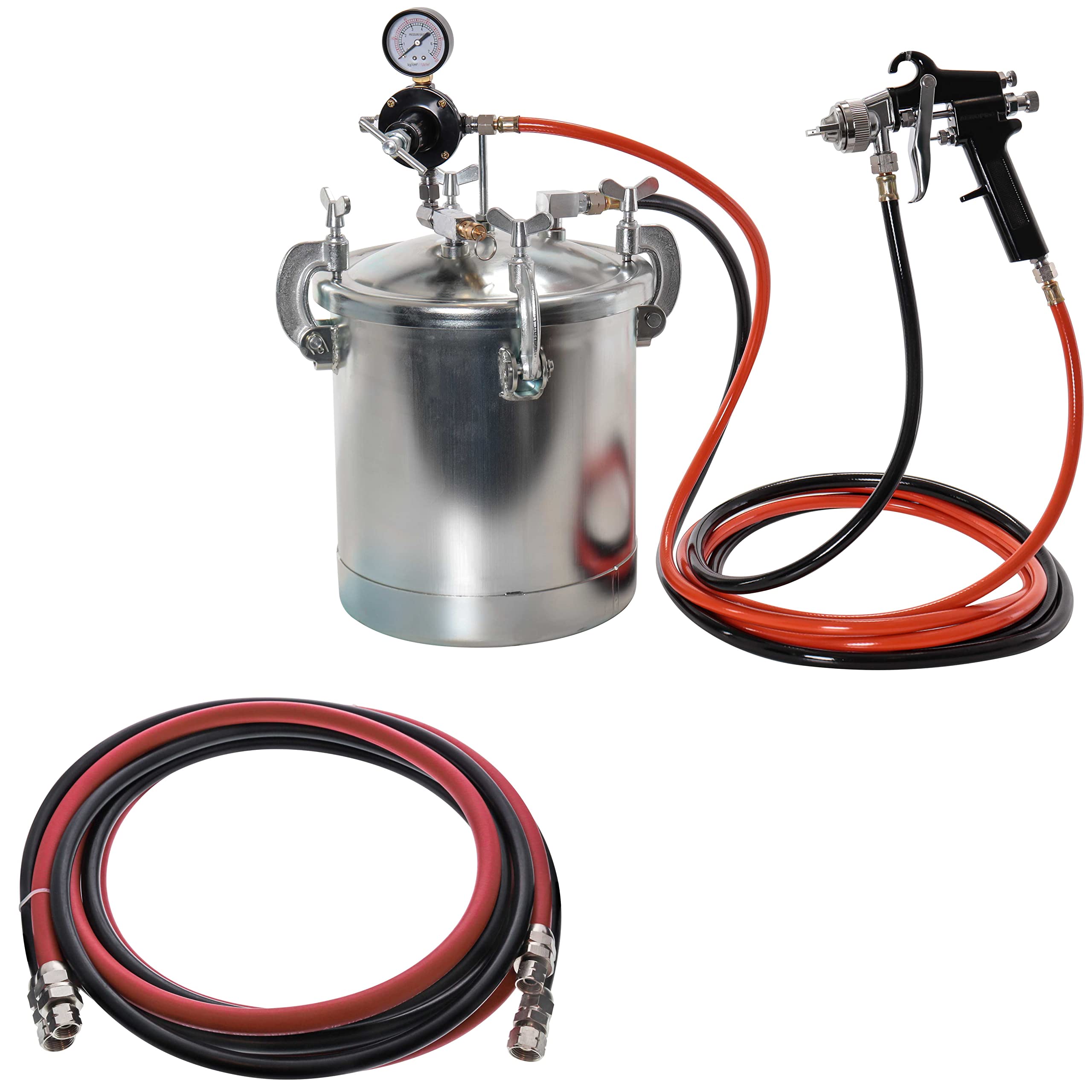 TCP Global 1.5mm Nozzle Pressure Tank Paint Spray Gun Kit - 2.5 Gallon Pressure Pot with Master Elite Series 12ft Air & Fluid Hose Assembly - Perfect for Automotive Painting, Furniture Refinishing, and DIY Home Projects