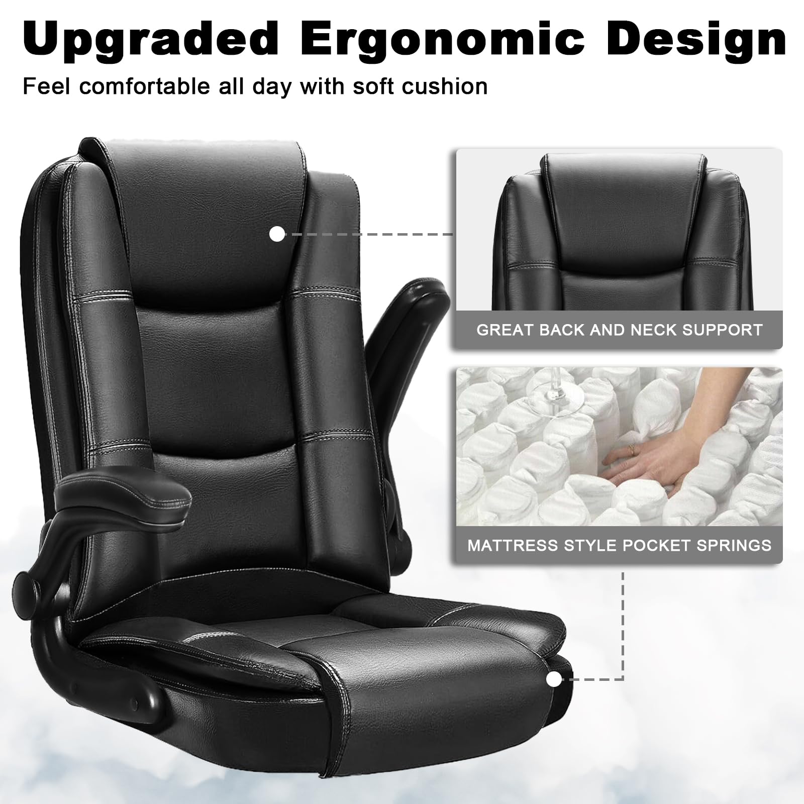OFIKA Big and Tall Office Chair - Ergonomic High Back Computer Desk Chair with Lumbar Support, Adjustable Height & Flip-Up Arms - Premium Leather Executive Chair for Home Office (Black) - Perfect for Long Work Hours & Gaming Sessions