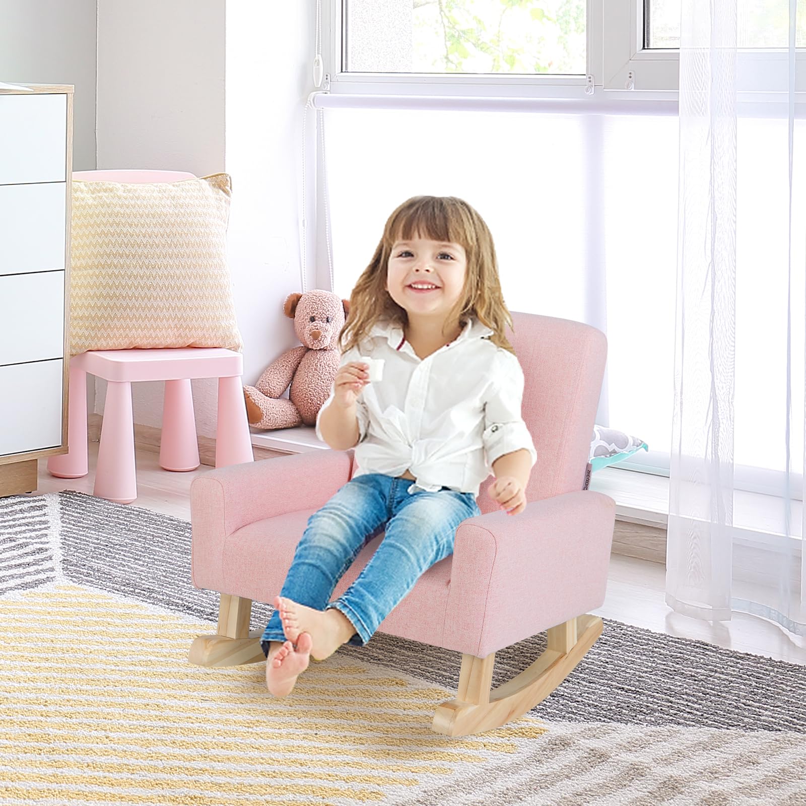 HONEY JOY Toddler Rocking Chair - Solid Wood Kids Rocker with Premium Linen Fabric, Anti-Tip Design for Safety, Comfortable Children's Furniture for Nursery, Playroom & Bedroom - Perfect for Reading Nook, Storytime & Relaxation (Pink)